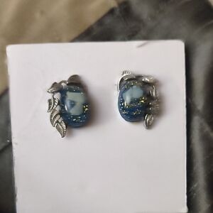 Blue Glass Leaf Accent Stud Earrings - Silver Tone